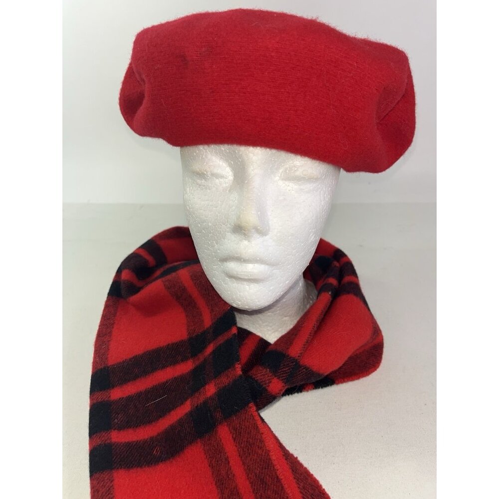 Vintage Scotland Red Plaid Lambs Wool Beret Hat and Scarf with Fringe Cozy Warm